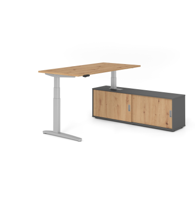 Sitz-Steh-Schreibtischkombination VXBHM, elektrisch h&ouml;henverstellbar 129cm (H), 160x80cm (BxT), asteiche / silber