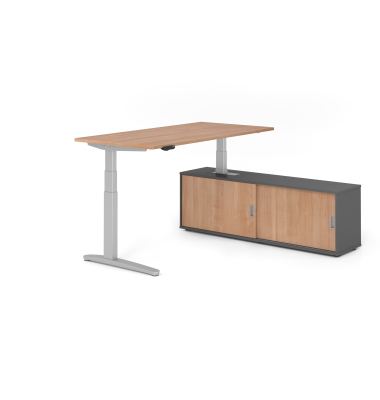 Sitz-Steh-Schreibtischkombination VXBHM, elektrisch h&ouml;henverstellbar 129cm (H), 160x80cm (BxT), nussbaum / silber