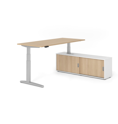 Sitz-Steh-Schreibtischkombination VXBHM, elektrisch h&ouml;henverstellbar 129cm (H), 180x80cm (BxT), eiche / silber
