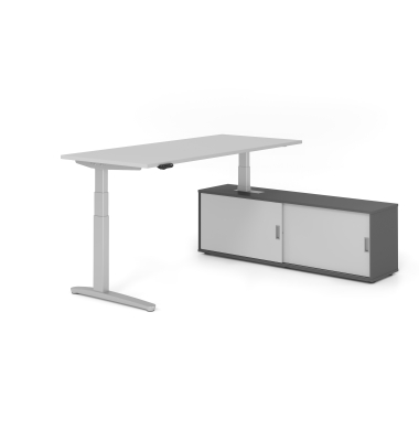 Sitz-Steh-Schreibtischkombination VXBHM, elektrisch h&ouml;henverstellbar 129cm (H), 180x80cm (BxT), grau / silber