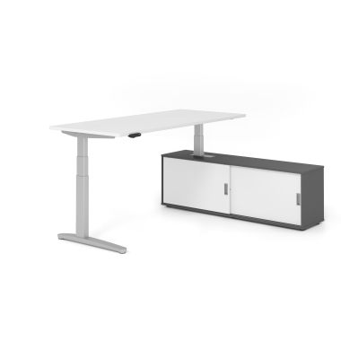 Sitz-Steh-Schreibtischkombination VXBHM, elektrisch h&ouml;henverstellbar 129cm (H), 180x80cm (BxT), wei&szlig; / silber