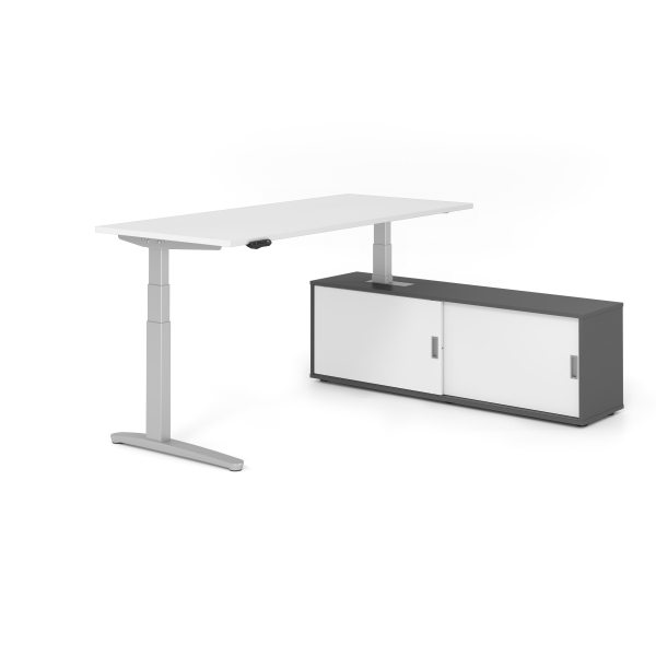 4032062330494 - Sitz-Steh-Schreibtischkombination VXBHM elektrisch höhenverstellbar 129cm (H) 180x80cm (BxT) Weiß   silber 4032062330494 Hamm