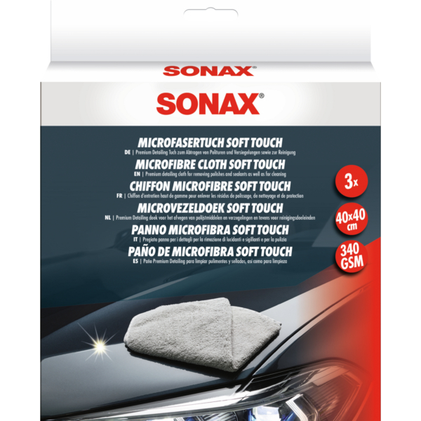 SONAX MicrofaserTuch soft touch (3 Stück) Detailingtuch | Leistungsfähiges Detailing Tuch für Polituren, Versiegelungen und den gesamten Fahrzeuginnenraum