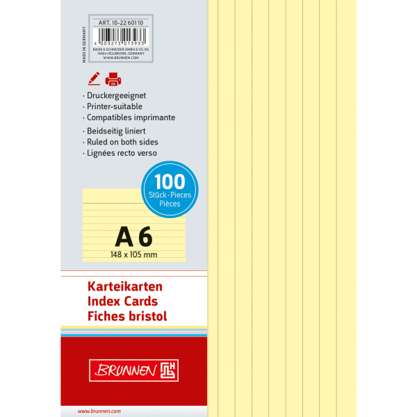 4003273013933 - Karteikarten 102260110 gelb A6 liniert 180g  4003273013933 100 Stück