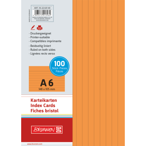 4003273013964 - Karteikarten 102260140 orange A6 liniert 180g  4003273013964 100 Stück