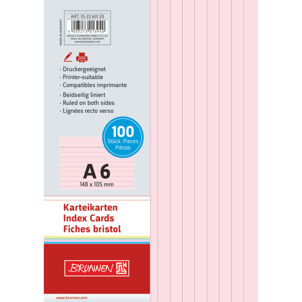 4003273013940 - Karteikarten 102260120 rot A6 liniert 180g  4003273013940 100 Stück