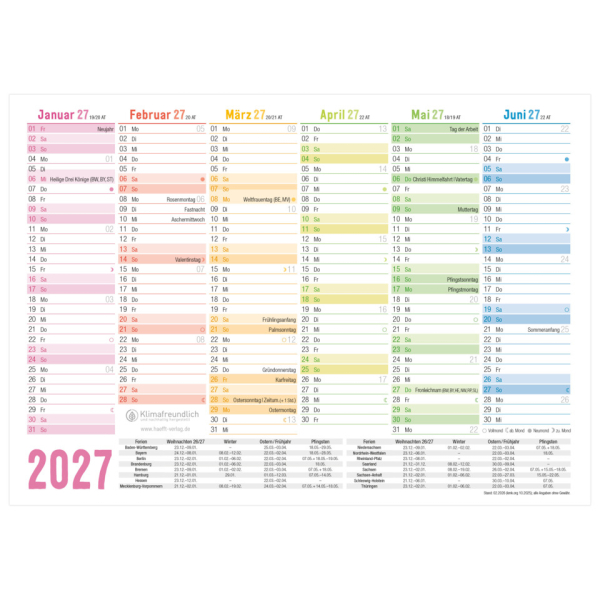 Häfft Tischkalender 11357-0, Rainbow, 6 Monate / 1 Seite, 21x15cm (BxH) (A5 quer), 2027 4029357113573 Häfft
