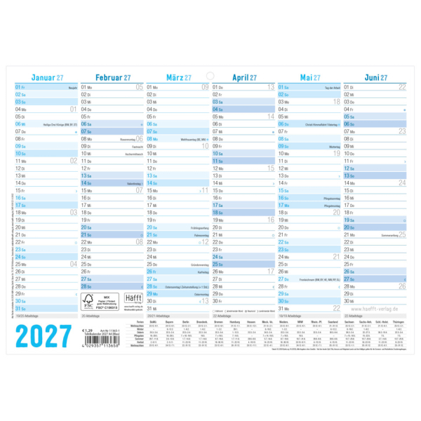 Häfft Plakatkalender 11365-1, 6 Monate / 1 Seite, 29,7x21cm (A4 quer), 2027 4029357113658 Häfft