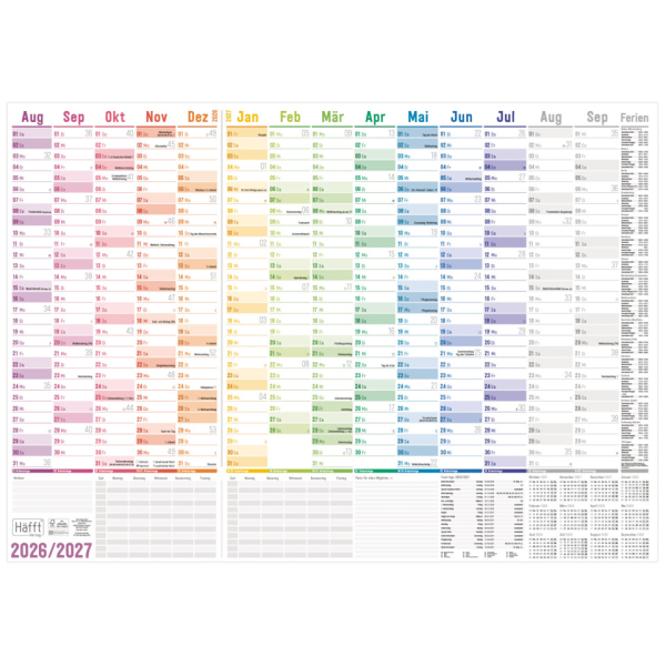 Häfft Wandkalender 11164-7, 15 Monate / 1 Seite, 89x63cm (A1+), 14 Monate Schuljahr August 2026 bis September 2027,  Monats- und Jahre