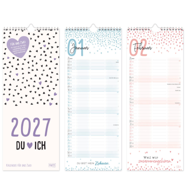 Wandkalender 11388-9, Herzen und Schrift, 1 Monat / 1 Seite, 3 Spalten, 16,5x42cm, Spiralbindung mit Aufh&auml;nger,  3 Spalten, rage