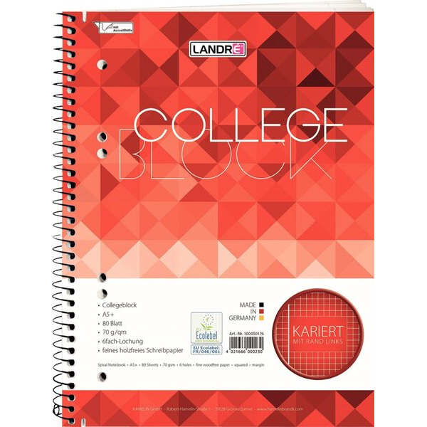 HAMELIN Collegeblock 100050176 / kariert, A5+, 70g, 80 Blatt 4008110297538 HAMELIN
