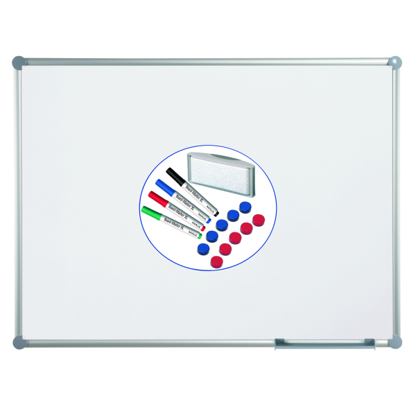 Whiteboard 2000 MAULpro weiß kunststoffbeschichtet magnethaftend Rahmen silber B 900 x H 600 mm + 15-teiliges Zubehör-Set