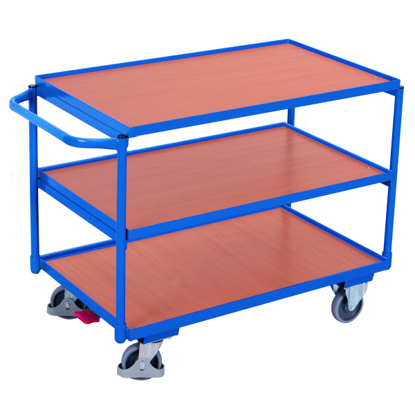 Leichter Tischwagen Stahl MDF-Platte Enzianblau Buche-Dekor 3 Etagen L 985 x B 605 mm TPE-Rollen mit EasySTOP bis 250 kg