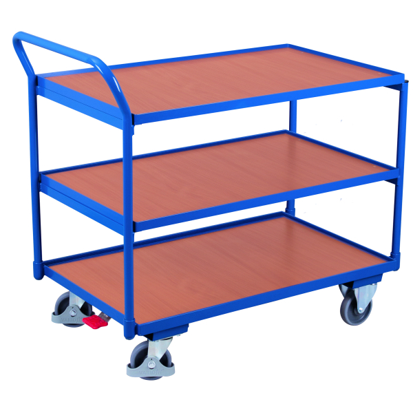 Leichter Tischwagen Stahl MDF-Platte Enzianblau Buche-Dekor 3 Etagen L 835 x B 505 mm TPE-Rollen mit EasySTOP bis 250 kg