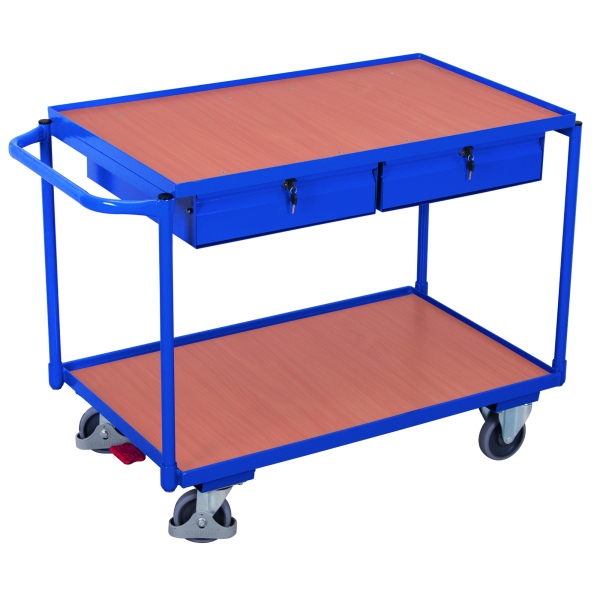 Leichter Tischwagen Stahl MDF-Platte Enzianblau Buche-Dekor 2 Etagen L 985 x B 605 mm 2 Schubladen TPE-Rollen mit EasySTOP bis 250 kg