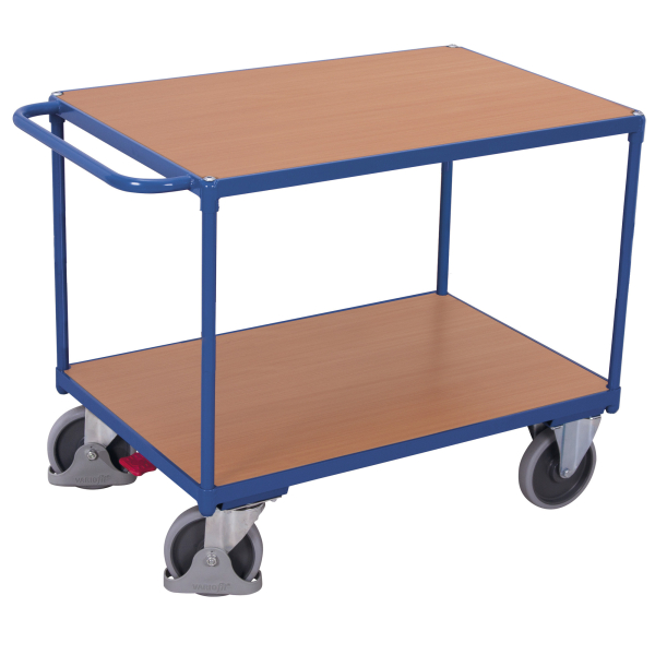 Schwerer Tischwagen Stahl MDF-Platte Enzianblau Buche-Dekor 2 Etagen L 1000 x B 700 mm TPE-Rollen mit EasySTOP bis 500 kg