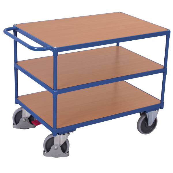 Schwerer Tischwagen Stahl MDF-Platte Enzianblau Buche-Dekor 3 Etagen L 1000 x B 700 mm TPE-Rollen mit EasySTOP bis 500 kg