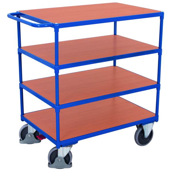 Schwerer Tischwagen Stahl MDF-Platte Enzianblau Buche-Dekor 4 Etagen L 1000 x B 700 mm TPE-Rollen mit EasySTOP bis 500 kg