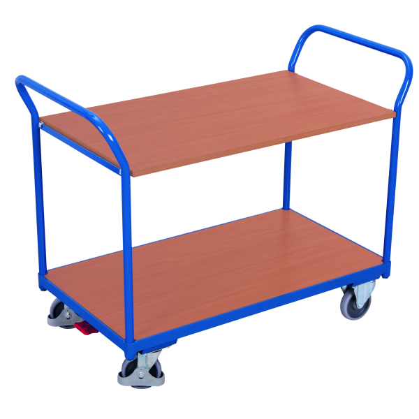 Tischwagen Stahl MDF-Platte Enzianblau Buche-Dekor 2 Etagen L 850 x B 500 mm TPE-Rollen mit EasySTOP bis 200 kg