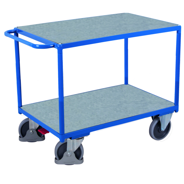 Schwerer Tischwagen Stahl MDF-Platte Enzianblau silber 2 Etagen L 1200 x B 800 mm TPE-Rollen mit EasySTOP bis 500 kg