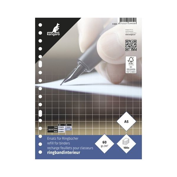 Kangaro Ringbucheinlagen K-56021, kariert, A5, 60g, 17-fach-Lochung 8712127144599 Kangaro