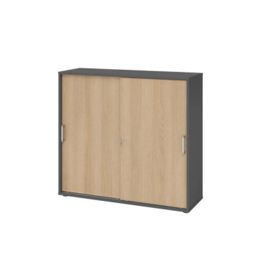 Schiebet&uuml;renschrank V1753S/G/E/CE, abschlie&szlig;bar, 3 OH, graphit/eiche, 120x110x40cm (BxHxT)