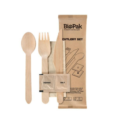 Holzbesteck-Set Messer, Gabel, PfefferSalz, Serviette