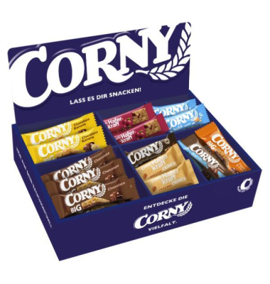 Corny Bestseller Thekendisplay, 64 M&uuml;sliriegel in 8 Sorten, einzeln verpackt