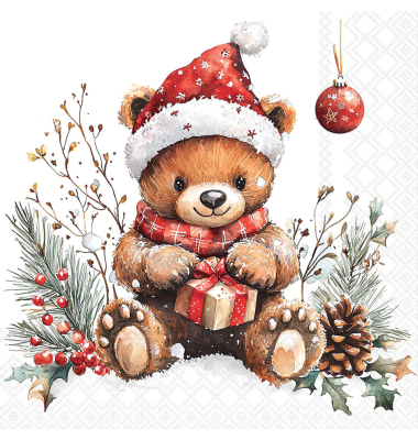 Weihnachtlicher Motivserviette 33x33cm Teddy