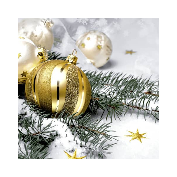 PaperDesign Weihnachtsservietten 196124, weiß/gold / Zweig und Christbaumkugel, 3-lagig, 33x33cm 7321011961245 PaperDesign