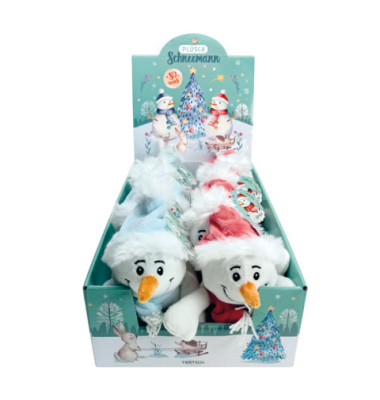 Pl&uuml;schfigur Schneemann rot&t&uuml;rkis