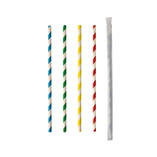 Trinkhalme Papstar Stripes Einweg L 200 x Ø 6 mm einzeln umhüllt aus FSC®-zertifiziertem Papier farbsortiert 100 Stück