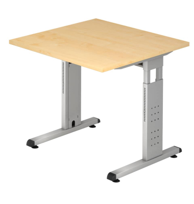 Schreibtisch O-Serie, manuell h&ouml;henverstellbar, 65-85cm (H), 80x80cm (BxT), quadratisch, ahorn / silber