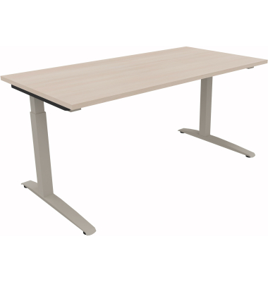 Schreibtisch All in One, manuell h&ouml;henverstellbar, 65-85cm (H), 160x80cm (BxT), rechteckig, akazie hell / silber