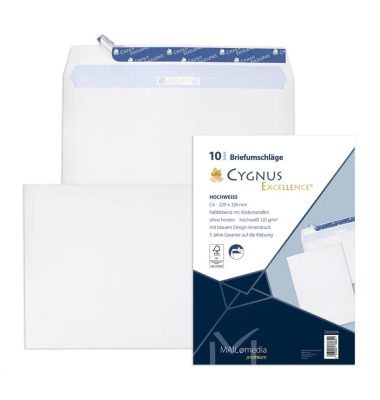 Versandtaschen Cygnus Excellence 30002434, C4, ohne Fenster, haftklebend, lange Seite offen, 120g, wei&szlig;