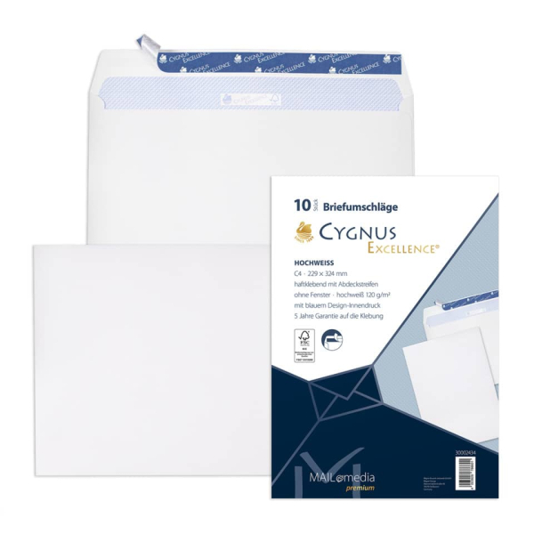 MailMedia Versandtaschen Cygnus Excellence 30002434, C4, ohne Fenster, haftklebend, lange Seite offen, 120g, weiß 4003928786601 MailMedia 10 Stück