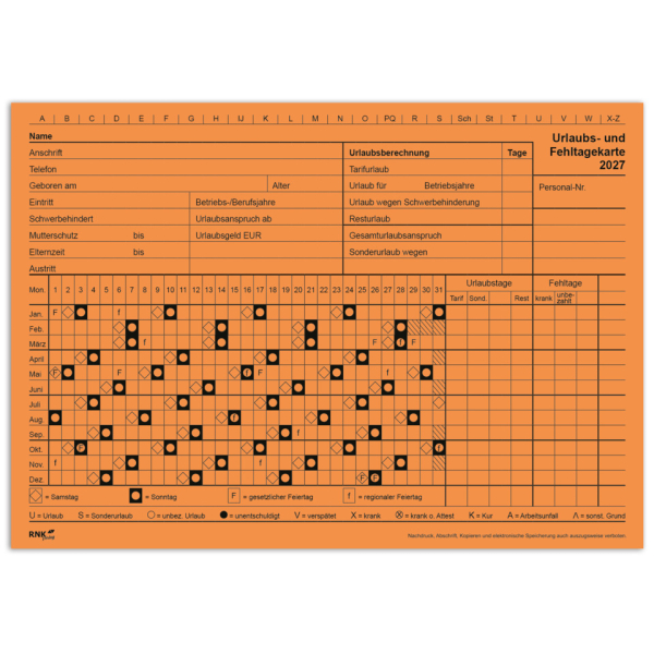 100 Stück RNK Fehltagekarte 2900/27 grafisch,  A5, 2027 4002871000277 RNK