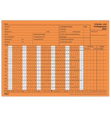 Fehltagekarte 2901/27 tabellarisch, A5 quer, 2027