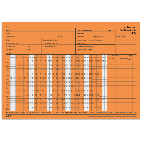 100 Stück RNK Fehltagekarte 2901/27 tabellarisch, A5 quer, 2027 4002871001274 RNK