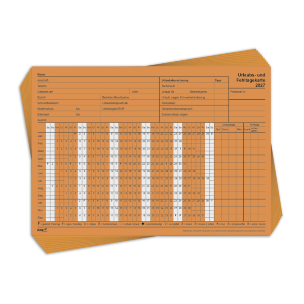 RNK Fehltagekarte 2901/27-10 tabellarisch, A5 quer, 2027 4002871026109 RNK