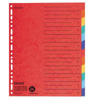 Kartonregister 10615334, 12-teilig blanko, A4+, 220 g/m&sup2;, farbige Taben, 12-teilig
