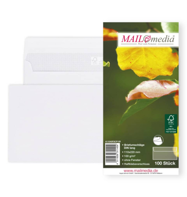 Briefumschlag 30001835, Din Lang, ohne Fenster, haftklebend, 100g, wei&szlig;