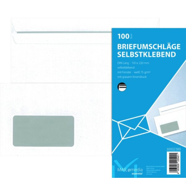 Briefumschlag 30002389, Din Lang, mit Fenster, selbstklebend, 75g, wei&szlig;