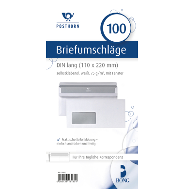 Briefumschlag Posthorn 02220617, Din Lang, mit Fenster, selbstklebend, 75g, wei&szlig;