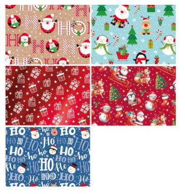 Geschenkpapier 1439-26004/PBS, sortiert (5 Motive), Kinder, Weihnachten, 70cm x 1,5m, 2m, farbig sortiert