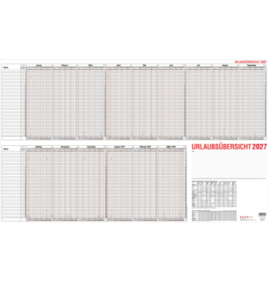 Urlaubsplaner 12-30V, 15 Monate / 1 Seite, 100x60cm, f&uuml;r 40 Mitarbeiter, 2027