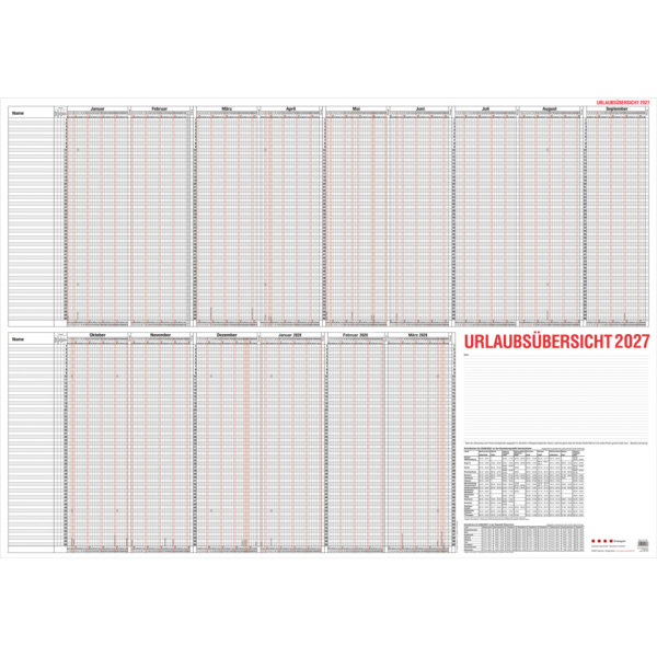Güss Urlaubsplaner 12-80V, 15 Monate / 1 Seite, 120x84cm, für 60 Mitarbeiter, 2026 4021819012813 Güss