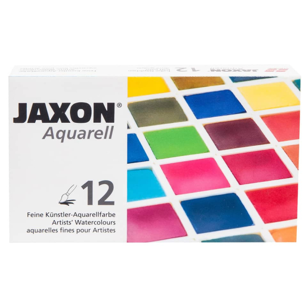 Honsell 89912 Jaxon Aquarell, feine Künstler-Aquarellfarbe im Set, 12 halben Näpfchen, leuchtende Intensive Farben, hochwertige Künstlerpigmente, bunt