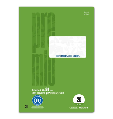 Schulheft 040784020 PREMIO Green, Lineatur 20 / blanko, A4, 90g, gr&uuml;n, 32 Blatt / 64 Seiten
