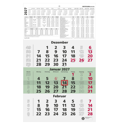 Wandkalender 956-0700, Typ 956, 3 Monate / 1 Seite, 29,7x48,5cm, 2027